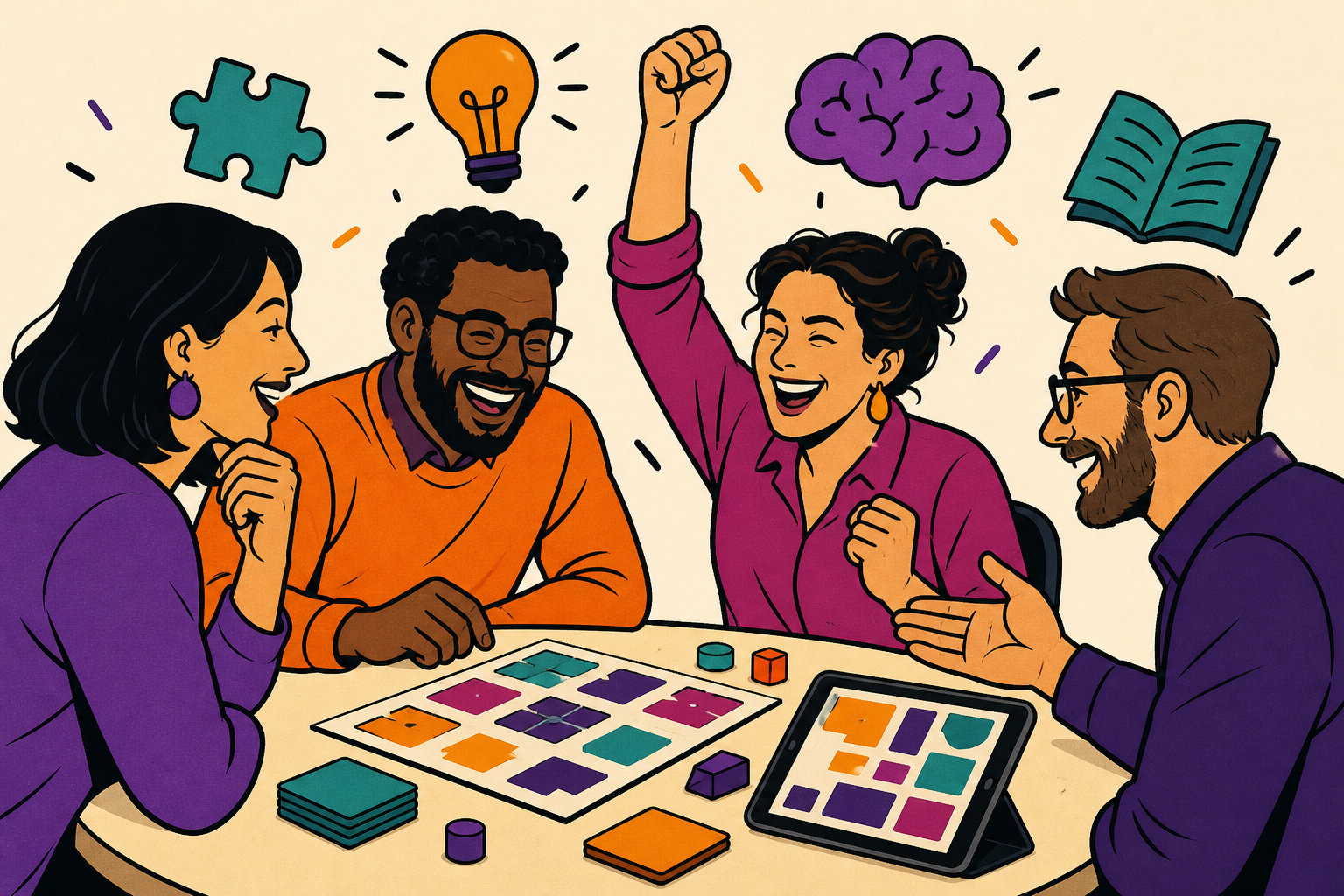 Un groupe d’adultes rit et collabore autour d’un plateau et d’une tablette.